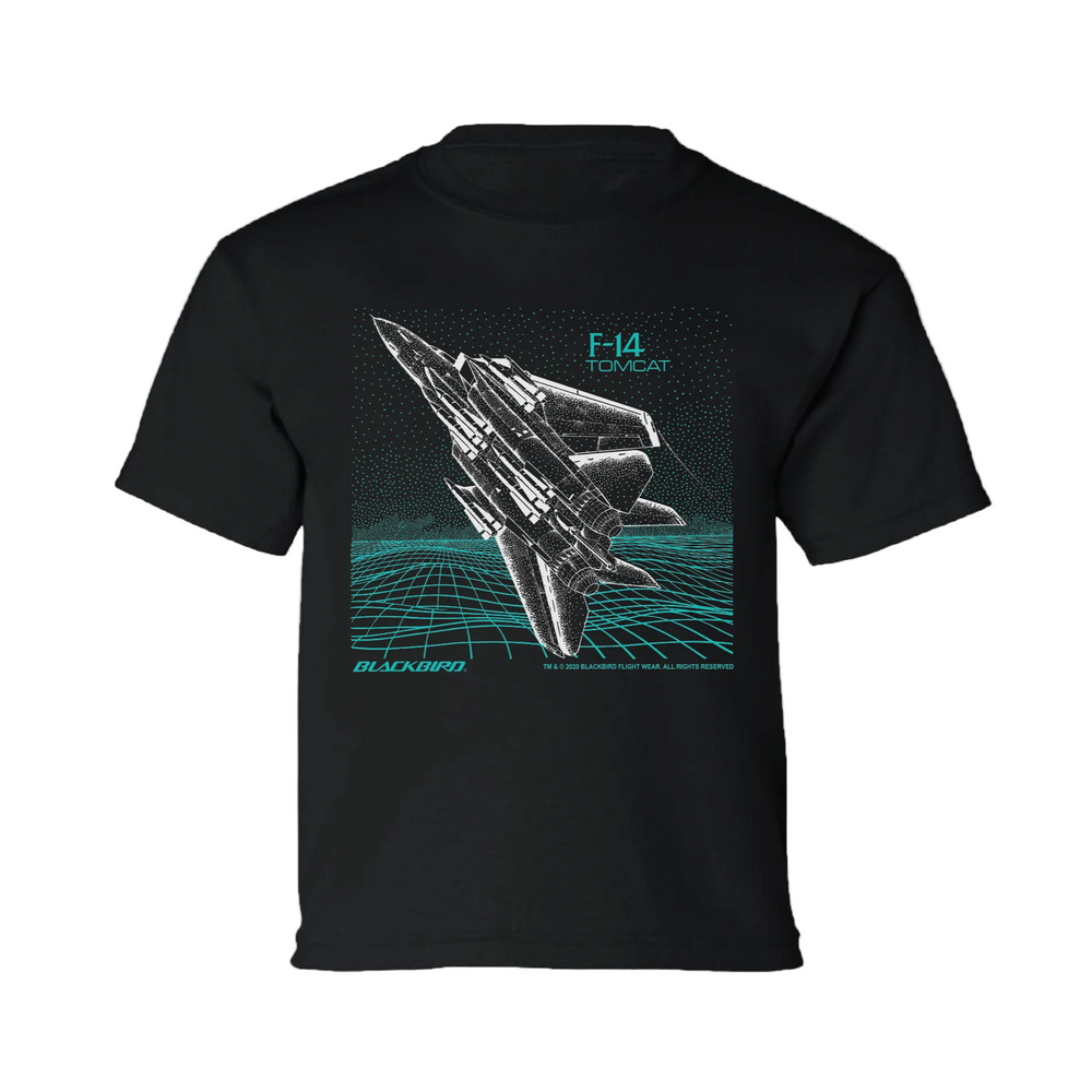 A black youth tee with a graphic of the F-14 TOMCAT jet on the front.
